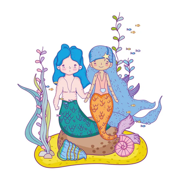 Pareja sirenas bajo el mar escena — Vector de stock