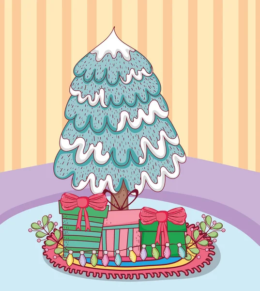 Árvore de Natal alegre com presentes na casa — Vetor de Stock