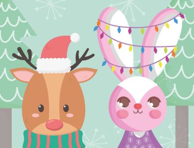 Şapkalı ve tavşan ışıklı ren geyiği. Mutlu noel kartları.