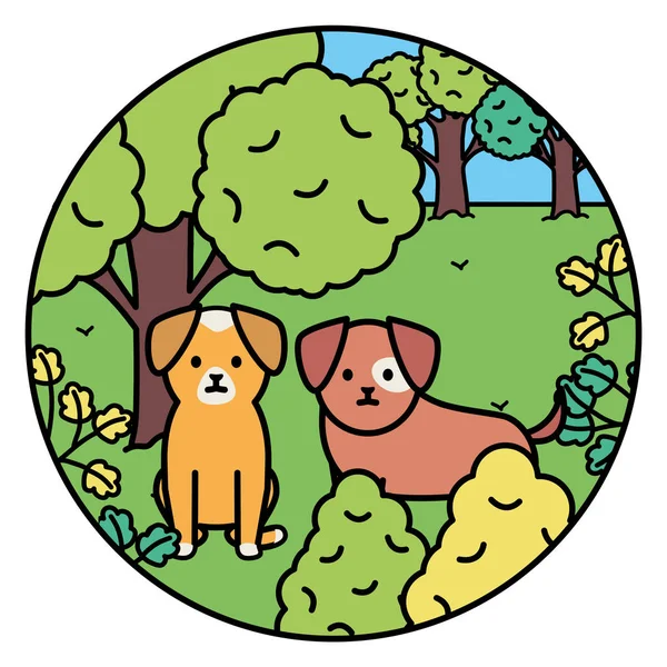 Kleine honden adorables Mascottes in het landschap — Stockvector