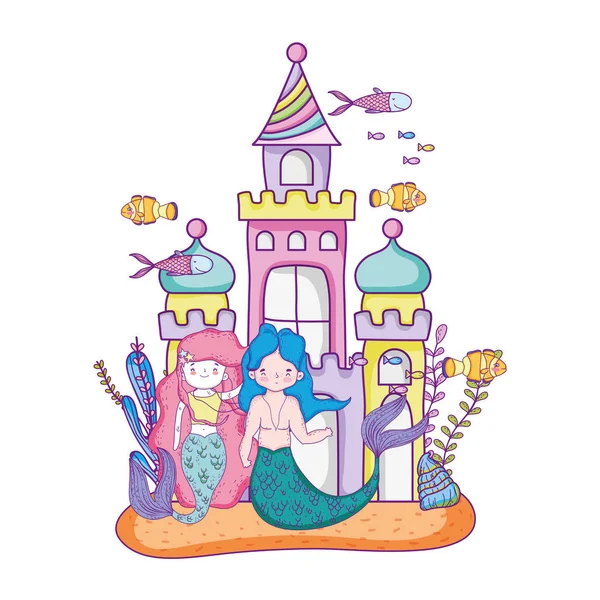 Paar Meerjungfrauen mit Schloss Unterwasser-Szene — Stockvektor