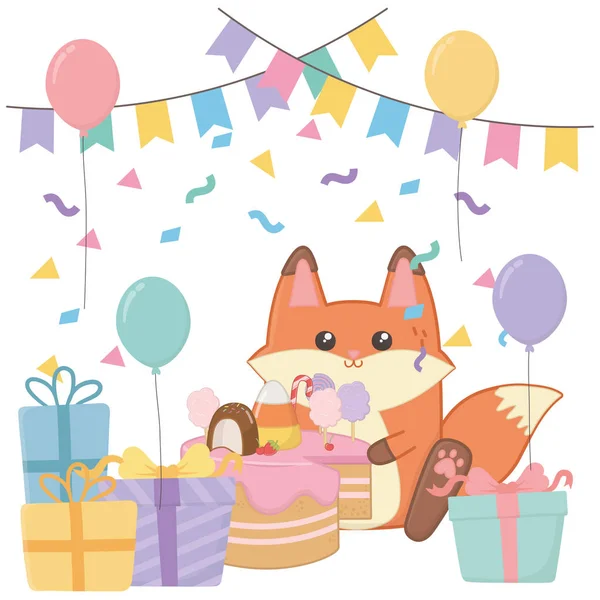 Kawaii Fuchs mit Happy Birthday Cake Design — Stockvektor