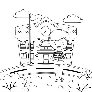 Okul binası ve çocuk karikatür tasarımı