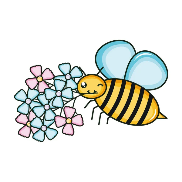 Jardín de flores con poco carácter kawaii volador de abejas — Vector de stock