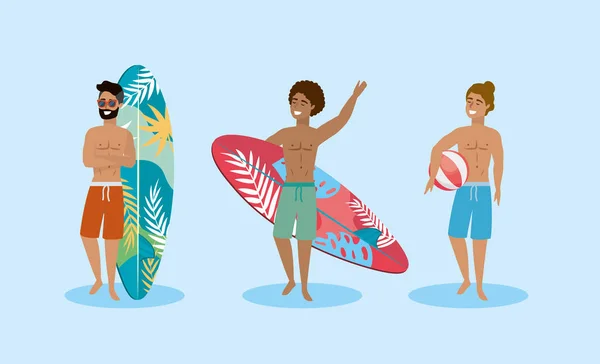 Zestaw mężczyzn w spodenkach kąpielowych z deską surfingową i piłką — Wektor stockowy