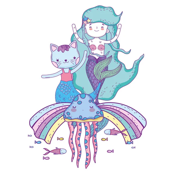 Cute purrmaid and mermaid with rainbow — Stock Vector