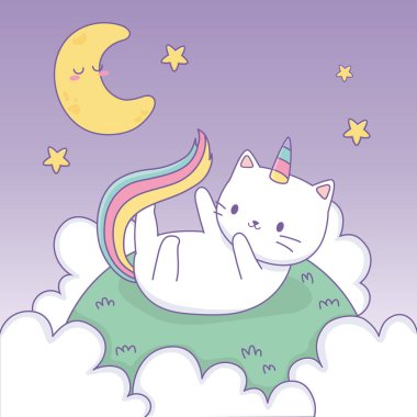 Kamp Kawaii karakterinde gökkuşağı kuyruklu sevimli bir kedi.