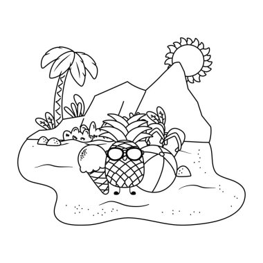 Yaz ve plaj sevimli karikatürler siyah beyaz