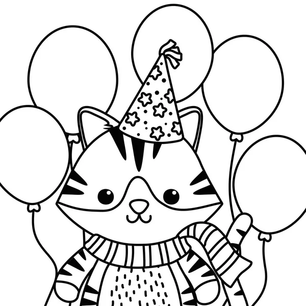 Gatto cartone animato con felice compleanno icona di design — Vettoriale Stock