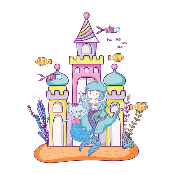 Cute purrmaid and mermaid with castle — Stock Vector