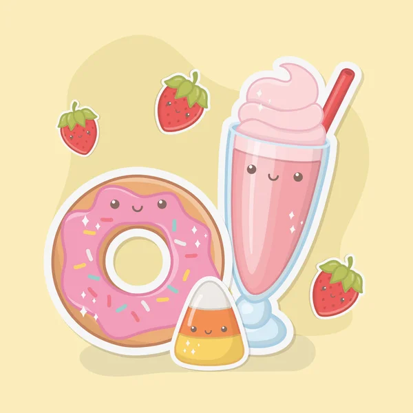 Delicious and sweet milkshake and products kawaii characters — Stockvektor