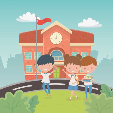 school building with kids in the landscape scene
