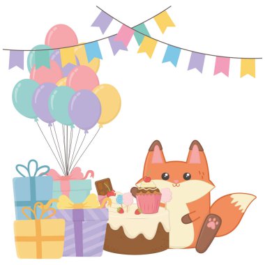 Doğum günü pastası tasarımlı Kawaii tilkisi.