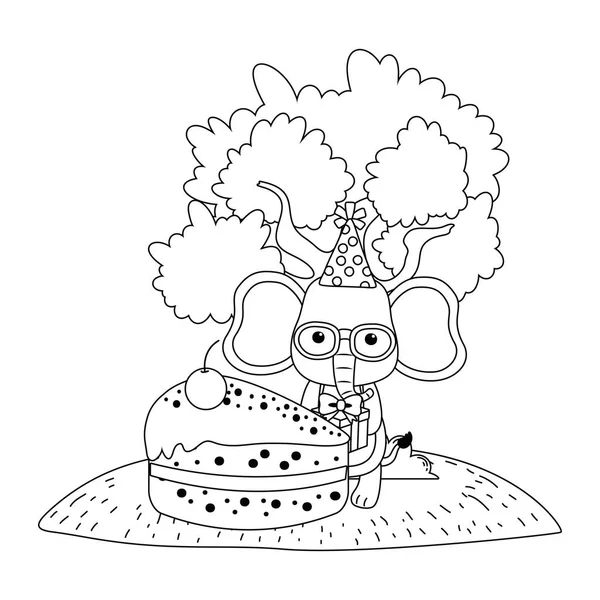 Dessin animé éléphant avec conception icône joyeux anniversaire — Image vectorielle