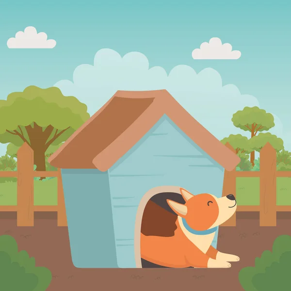 Hond cartoon binnen houten huis ontwerp — Stockvector