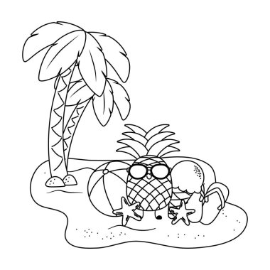 Yaz ve plaj sevimli karikatürler siyah beyaz