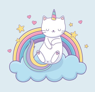 cute cat with rainbow tail on the clouds kawaii character