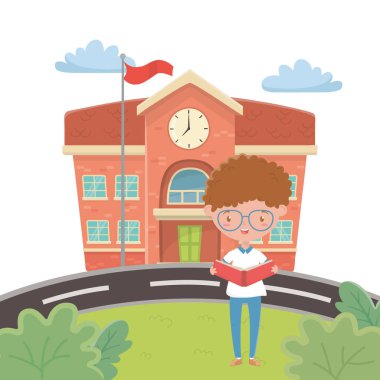 Okul binası ve çocuk karikatür tasarımı