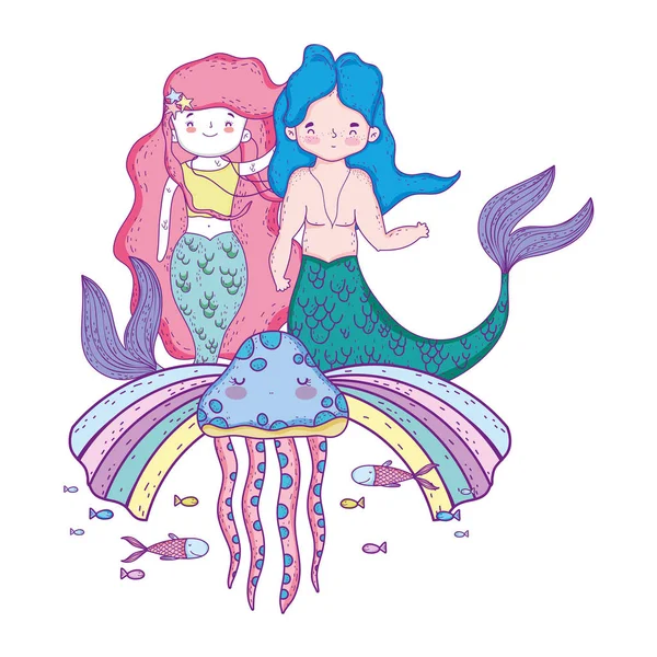 Couple mermaids with rainbow undersea — Stock Vector