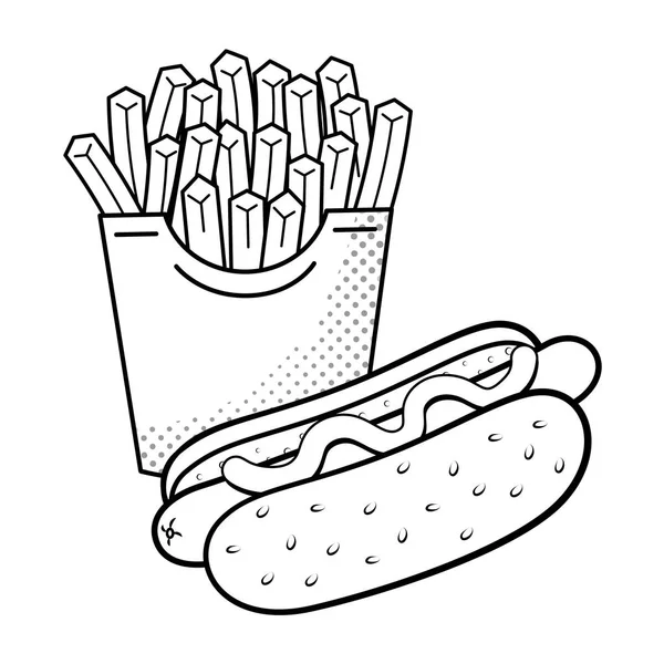 Hot dog a hranolky černé a bílé — Stockový vektor