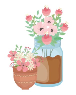 Flowers and leaves inside pots vector design