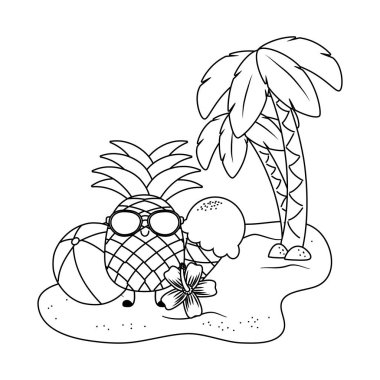 Yaz ve plaj sevimli karikatürler siyah beyaz