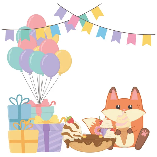 Kawaii fox з дизайном торта до дня народження — стоковий вектор