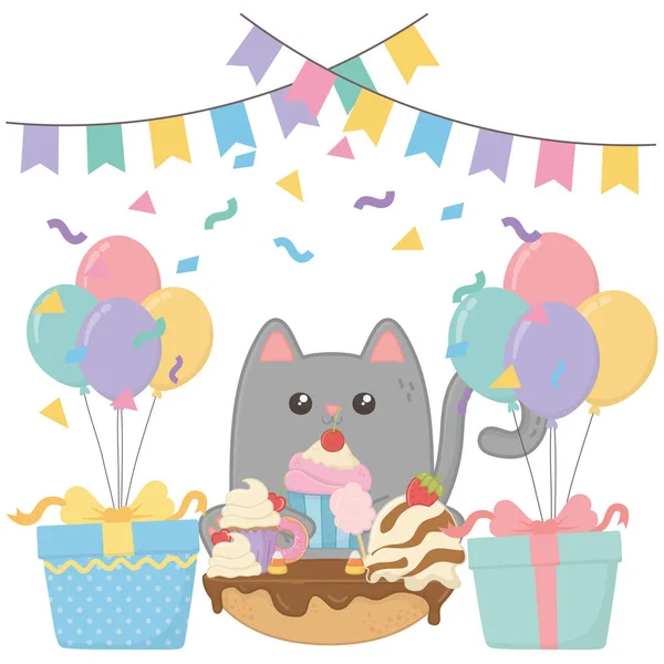 Kawaii kot z szczęśliwy urodzinowy tort projekt — Wektor stockowy