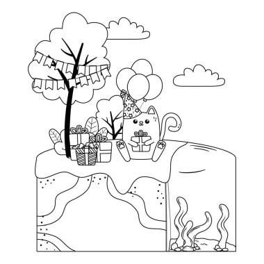 Kawaii kedi ve mutlu Doğum günü tasarımı