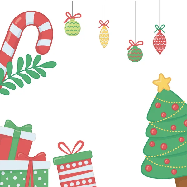 Veselé Vánoce dárky a borovice vektor design — Stockový vektor