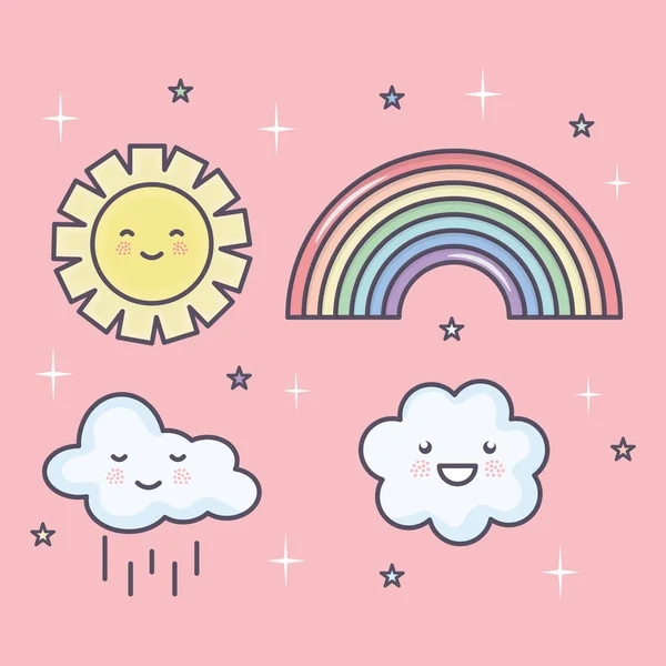 Niedliche Sommersonne und Wolken mit Regenbogenset kawaii Zeichen — Stockvektor