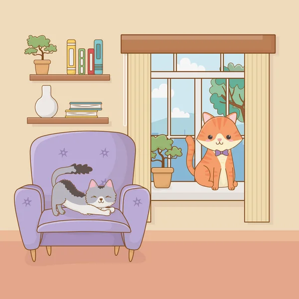 Little cats mascot in the house room — 图库矢量图片