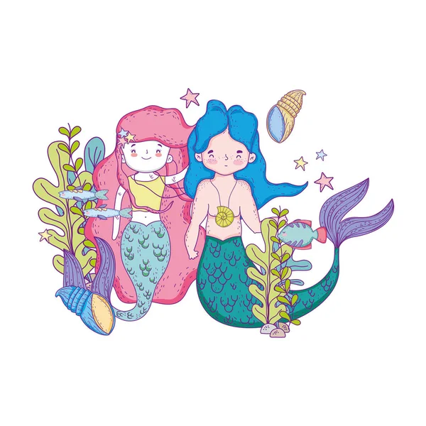 Paar Meerjungfrauen Unterwasser-Szene — Stockvektor