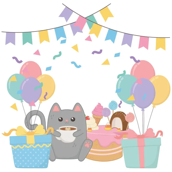 Kawaii kočka s šťastný narozeninový dort design — Stockový vektor