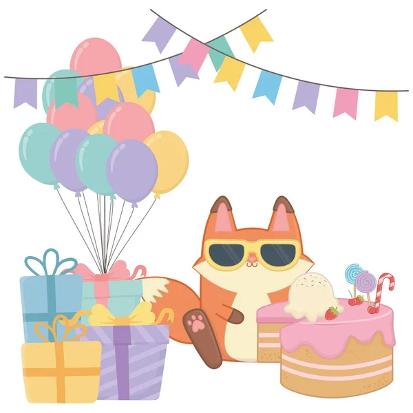 Kawaii vos met gelukkige verjaardag taart ontwerp — Stockvector