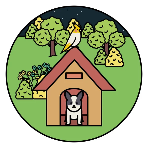 Petit chien adorable avec maison en bois et oiseau dans le parc — Image vectorielle