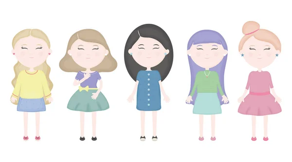 かわいい女の子のキャラクターのグループ — ストックベクタ