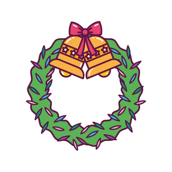 Follaje de wreath con decoración de campanas alegre icono de navidad de navidad. — Archivo Imágenes Vectoriales