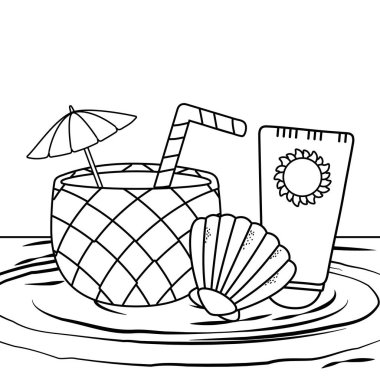 pina colada kabuğu ve siyah beyaz güneş kremi