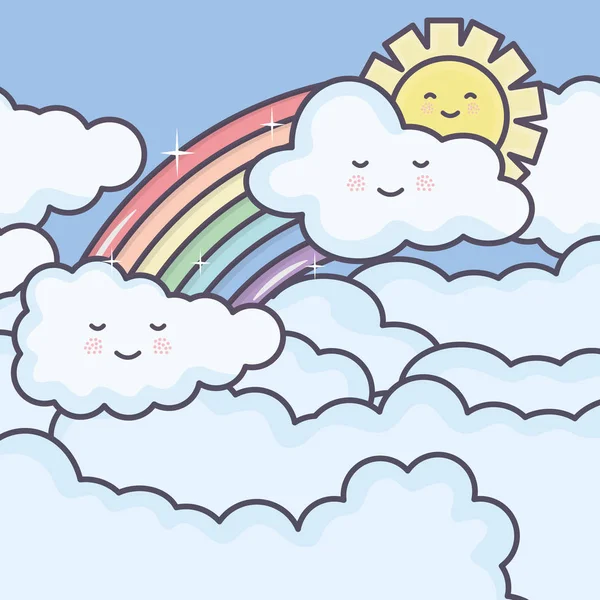 Carino sole estivo e nuvole con personaggi arcobaleno kawaii — Vettoriale Stock