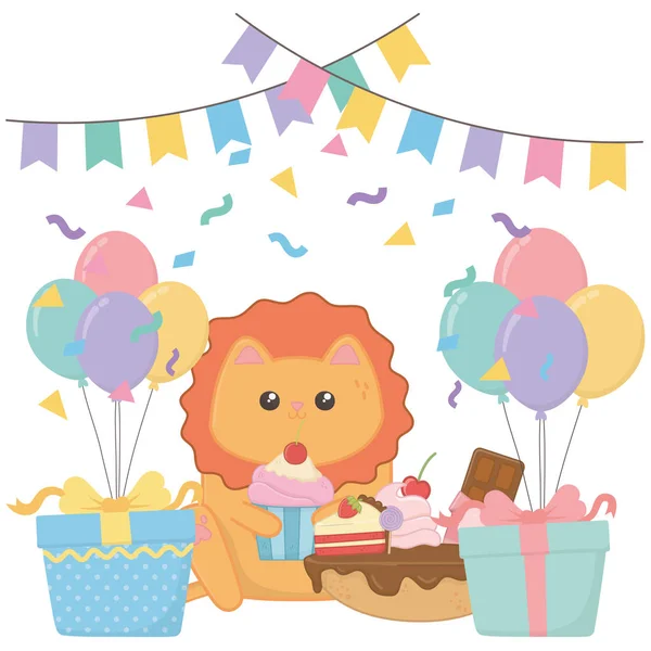 Kawaii leeuw met gelukkige verjaardag taart ontwerp — Stockvector
