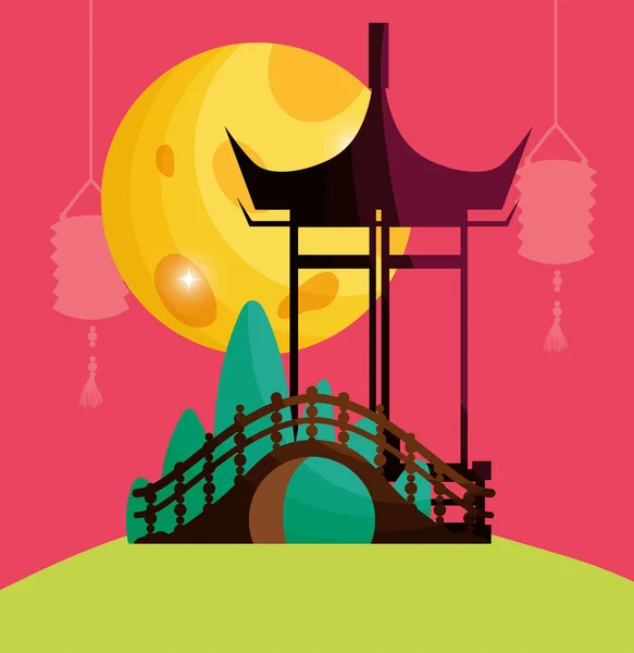 Chinese gate lanterns and moon — Image vectorielle