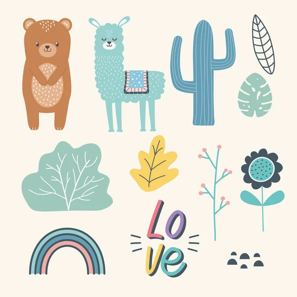 Bear and llama cartoon design vector illustration - Stok Vektor