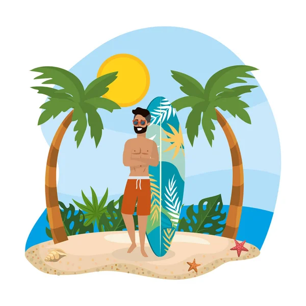 Hombre con pantalones cortos de baño con tabla de surf y palmeras — Archivo Imágenes Vectoriales
