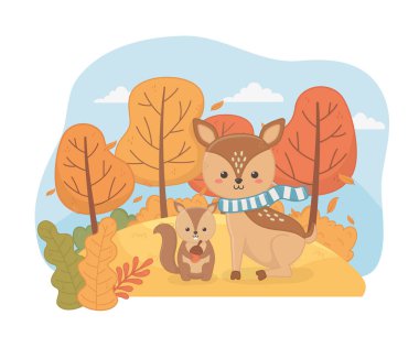 Sevimli hayvan güz mevsimi düz tasarım