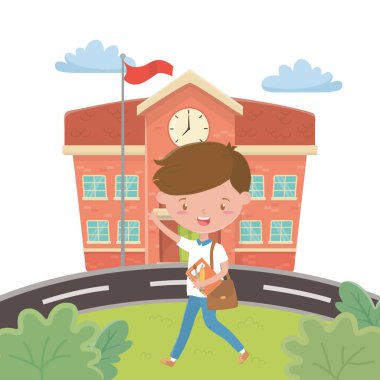 Okul binası ve çocuk karikatür tasarımı