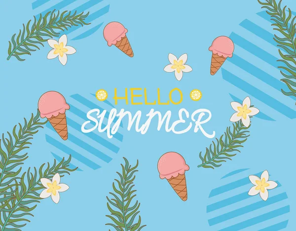Olá cartaz de verão com sorvetes e folhas palmas —  Vetores de Stock