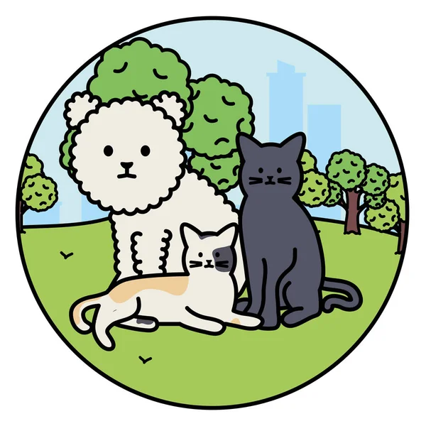 Милые кошки и собачьи талисманы в парке — стоковый вектор