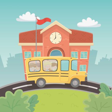 school building and bus with kids in the landscape scene