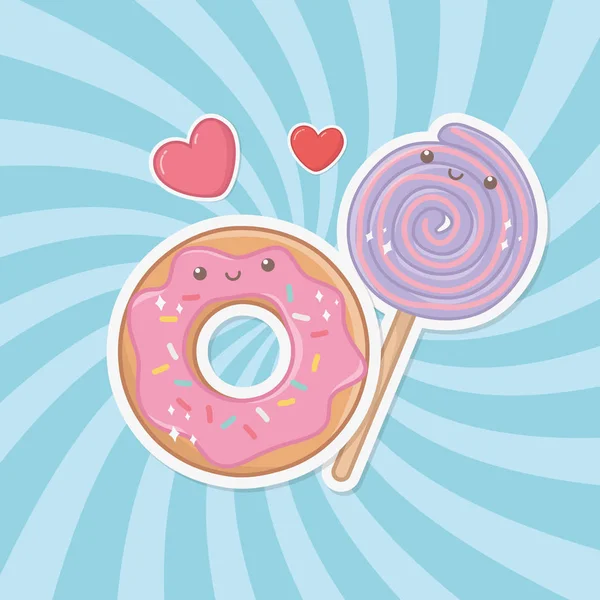 Смачний і солодкий пончик і продукти персонажів каваї — стоковий вектор